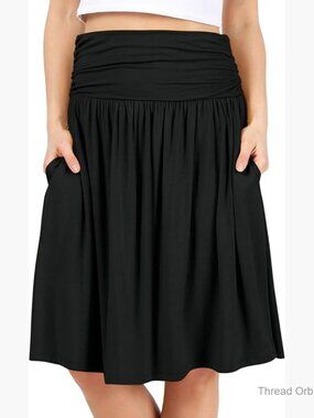 Regular & Plus Size Midi Skirt with Pockets, Ruched Waist, Below Knee Length